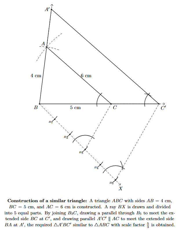 Step 6: A line parallel to AC is drawn from C', intersecting the extended side BA at A'. The required triangle A'BC' is formed.